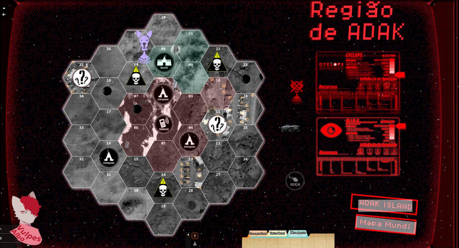 Um mapa abstrato da ilha de Adak com seu grid completamente explorado por jogadores.